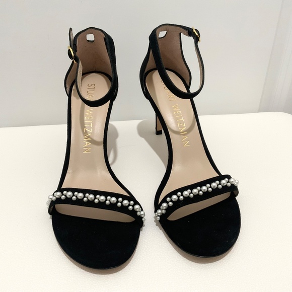 Stuart Weitzman Nunakedstraight Demipearl Sandal Black Suede Stiletto Heel Pumps - Picture 9 of 12